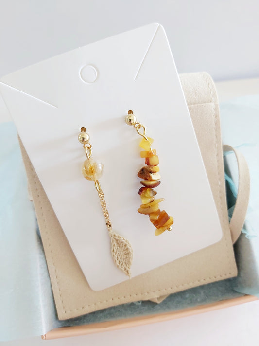 “Amber Moonlight” Asymmetric Earrings – Crochet Leaf with Citrine & Raw Amber