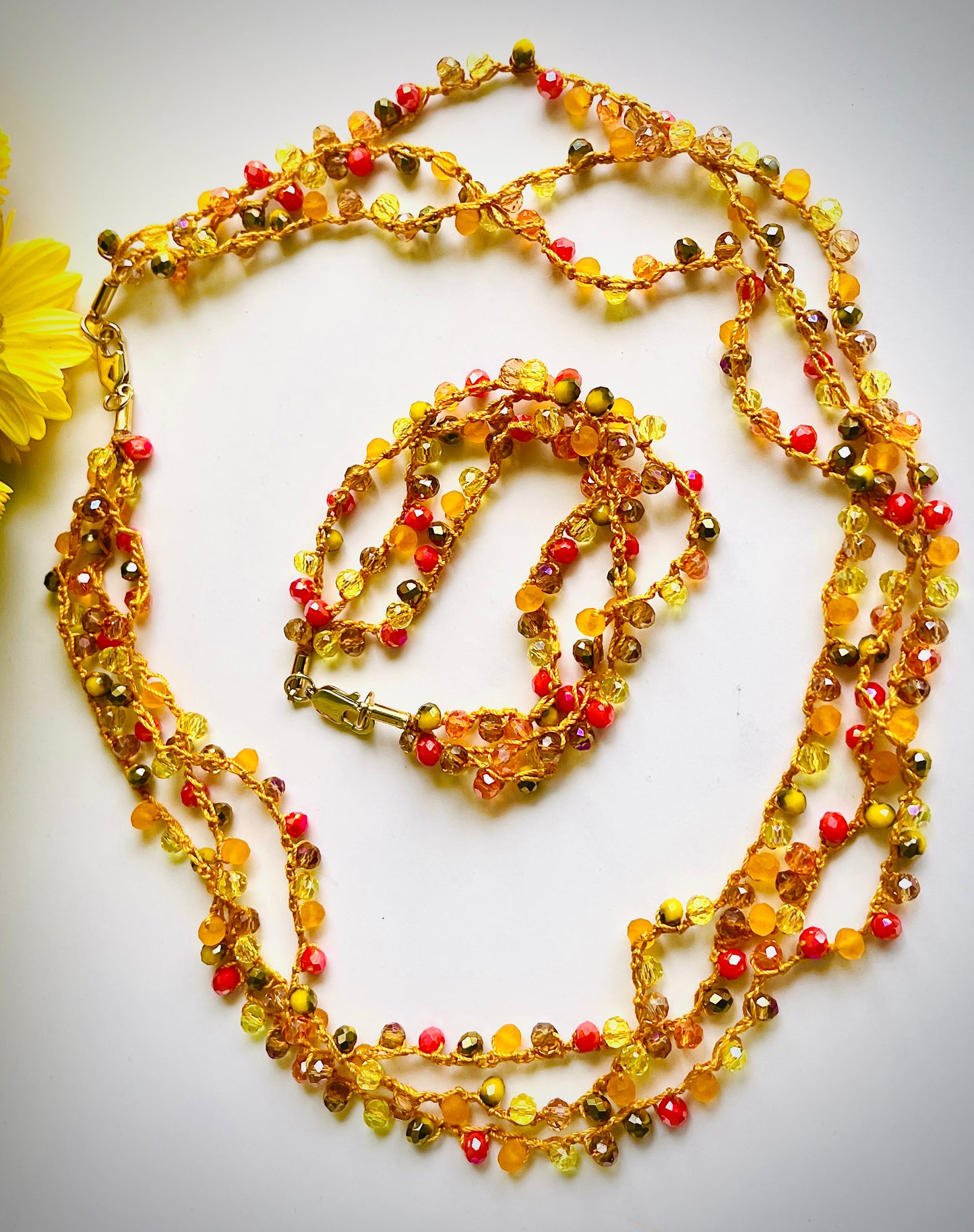 Autumn Necklace "Leaf Fall" – Handmade Crochet Jewelry Set with Bracelet (Customizable)
