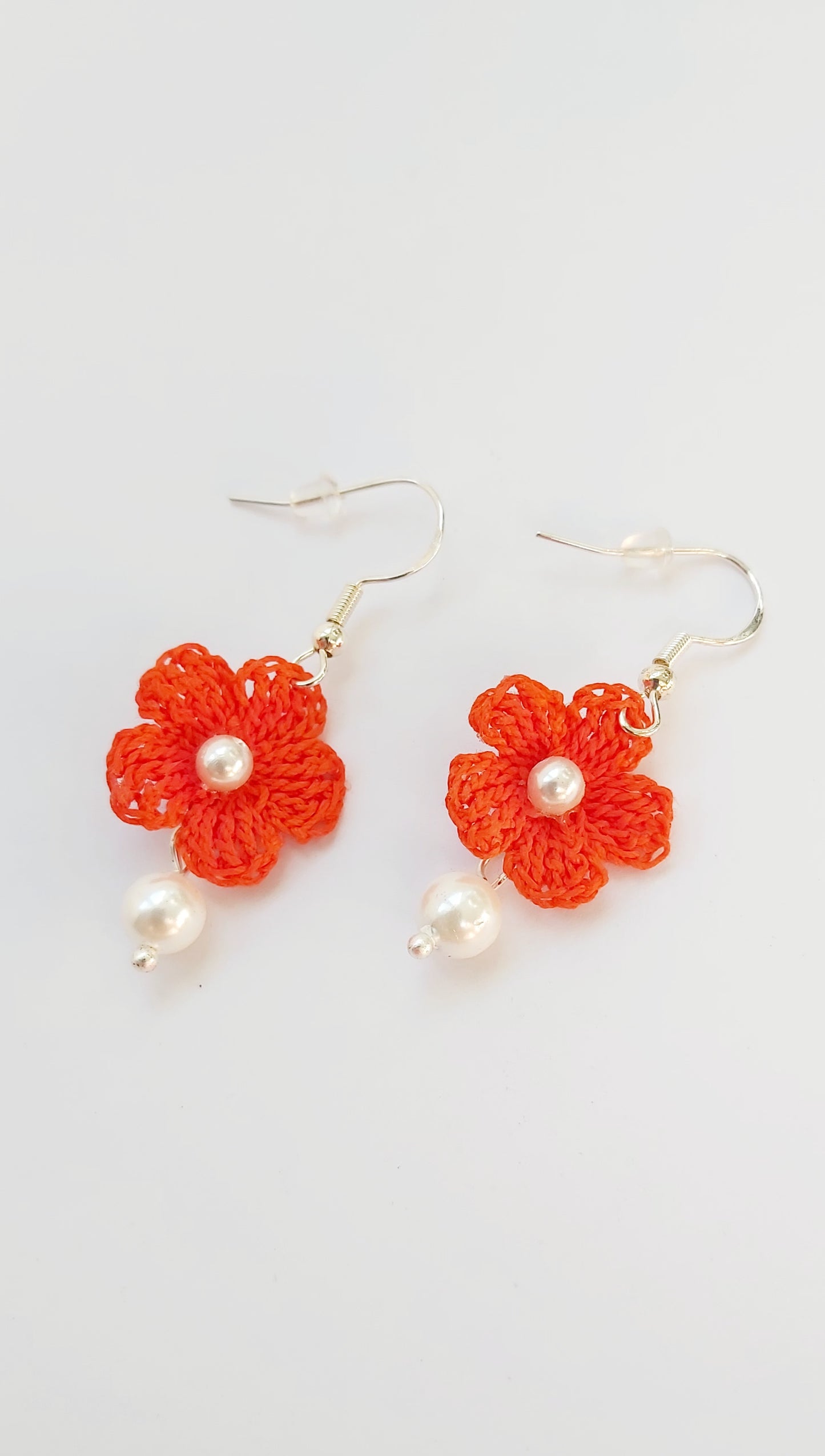 "Sunrise Glow” Bright Orange Crochet Earrings with Natural Pearls