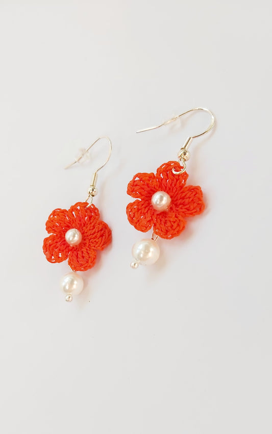 "Sunrise Glow” Bright Orange Crochet Earrings with Natural Pearls