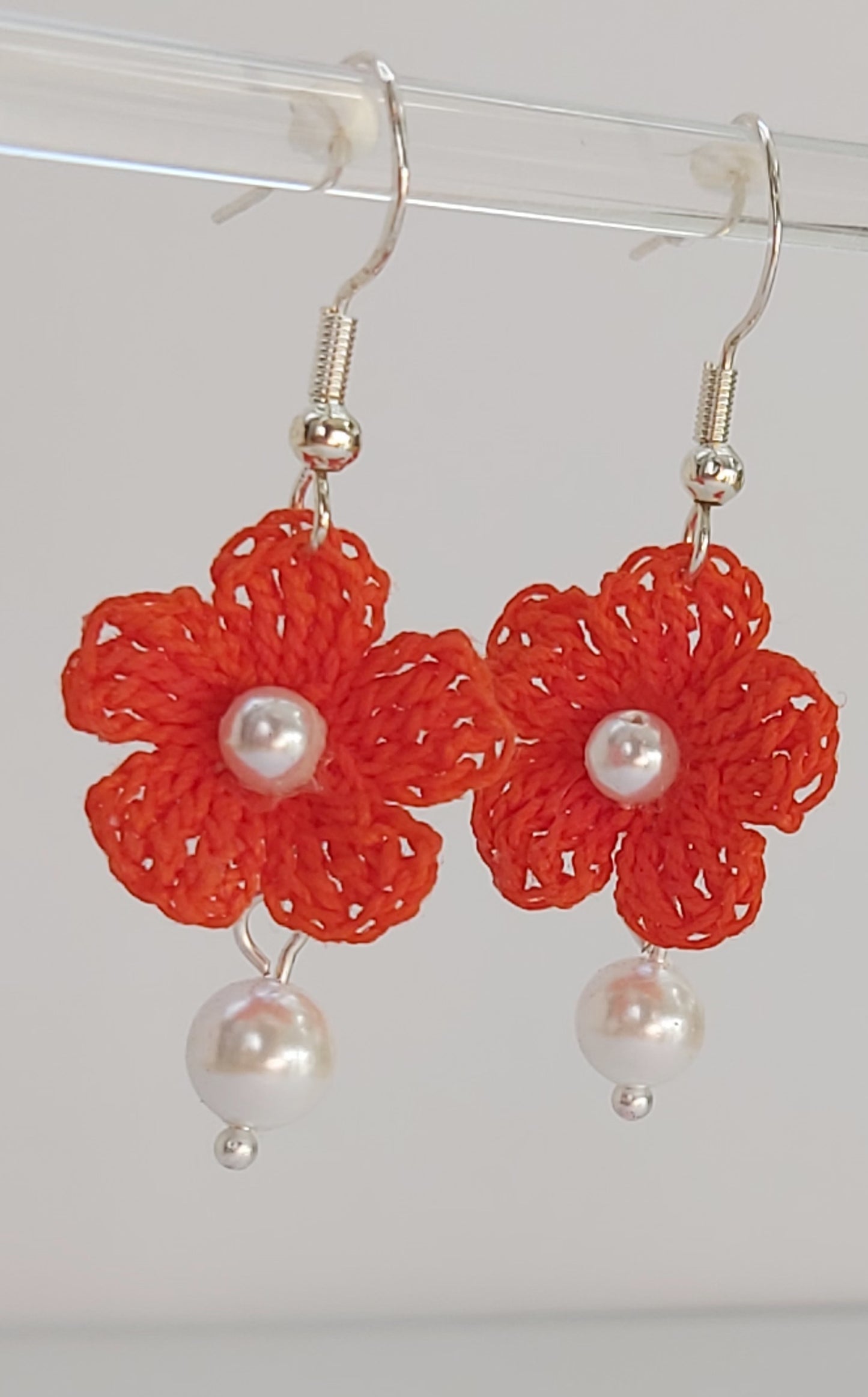 "Sunrise Glow” Bright Orange Crochet Earrings with Natural Pearls