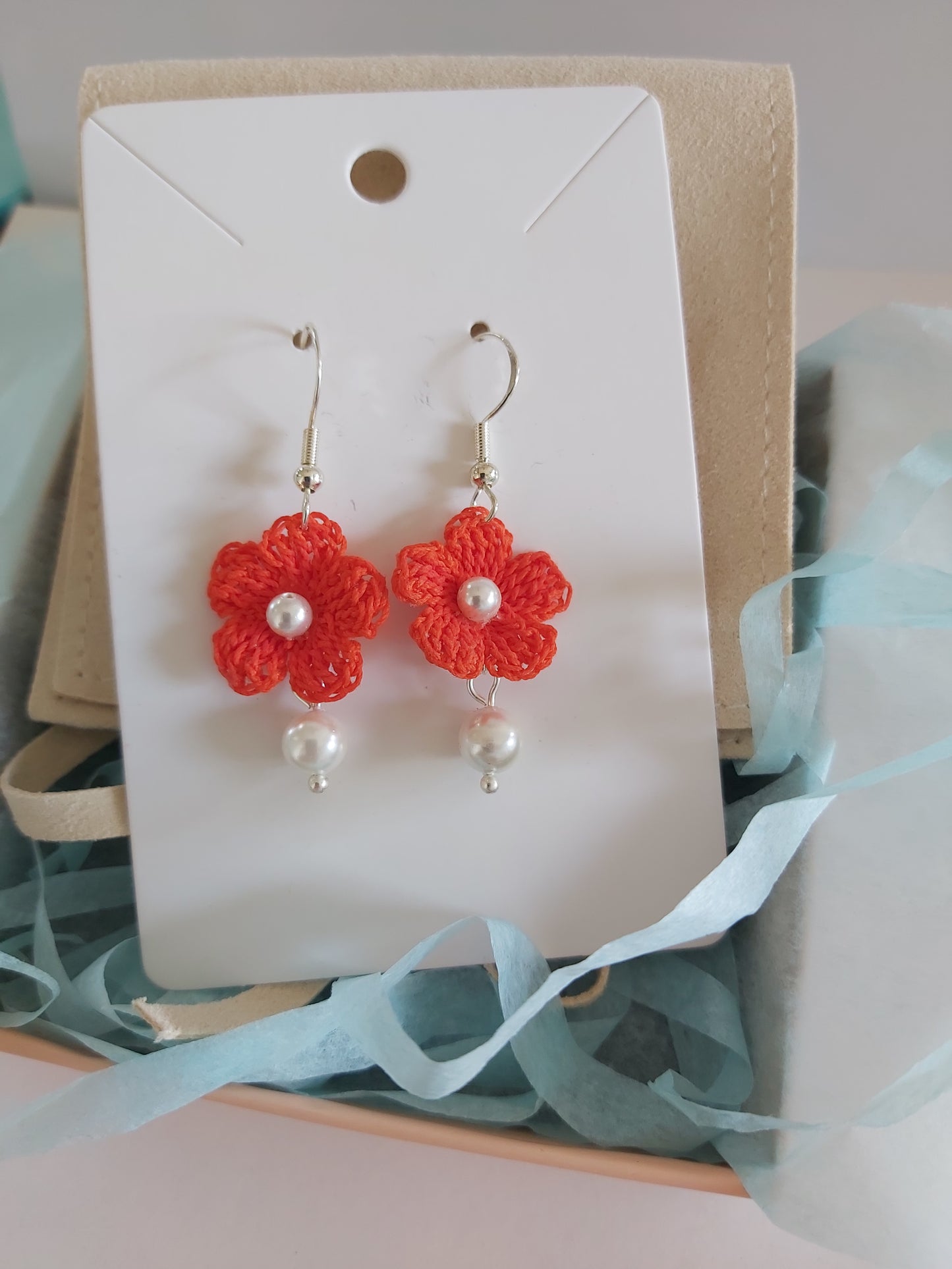 "Sunrise Glow” Bright Orange Crochet Earrings with Natural Pearls