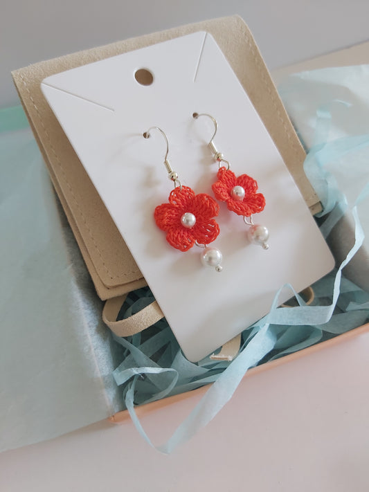 "Sunrise Glow” Bright Orange Crochet Earrings with Natural Pearls