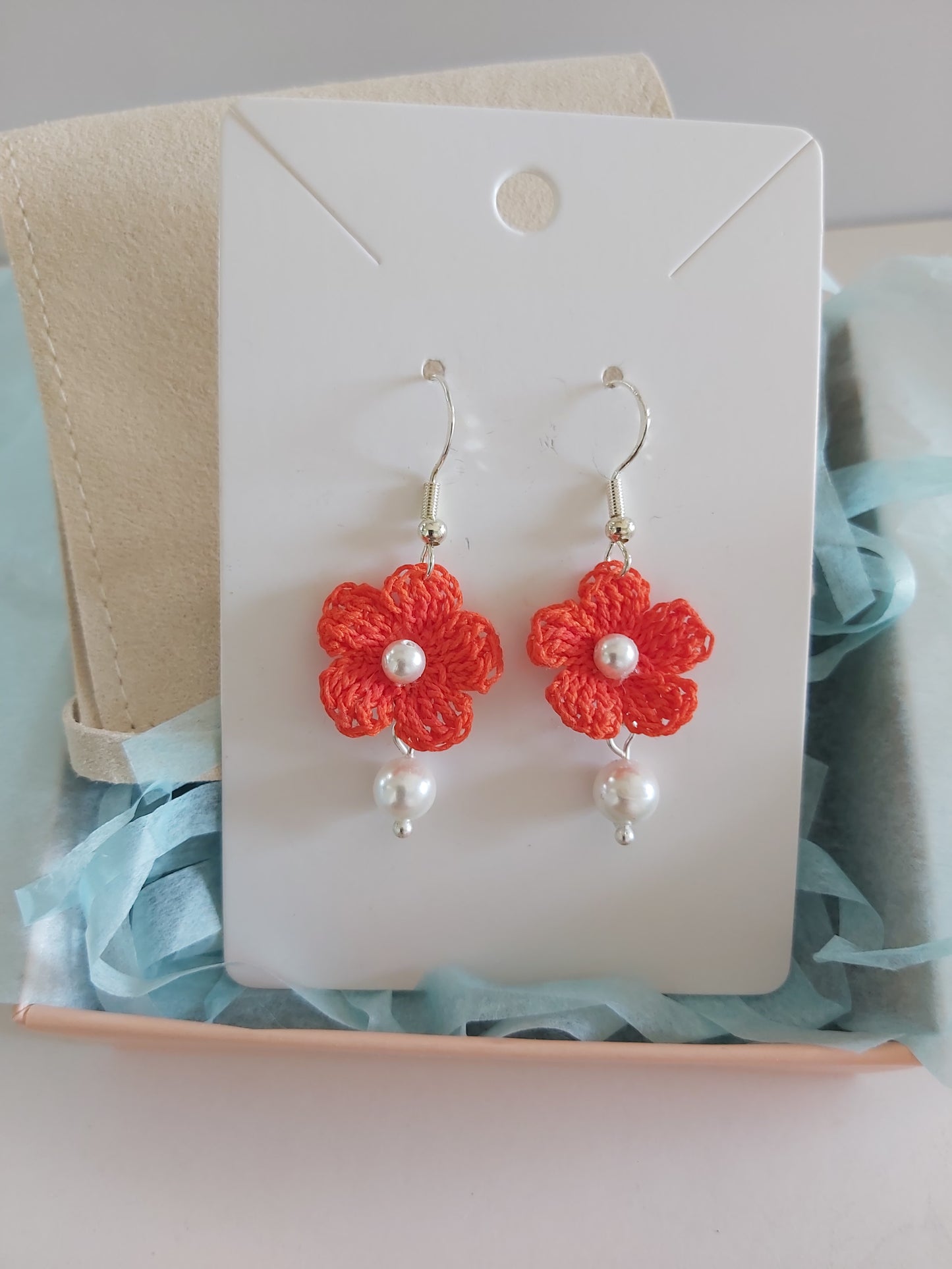 "Sunrise Glow” Bright Orange Crochet Earrings with Natural Pearls