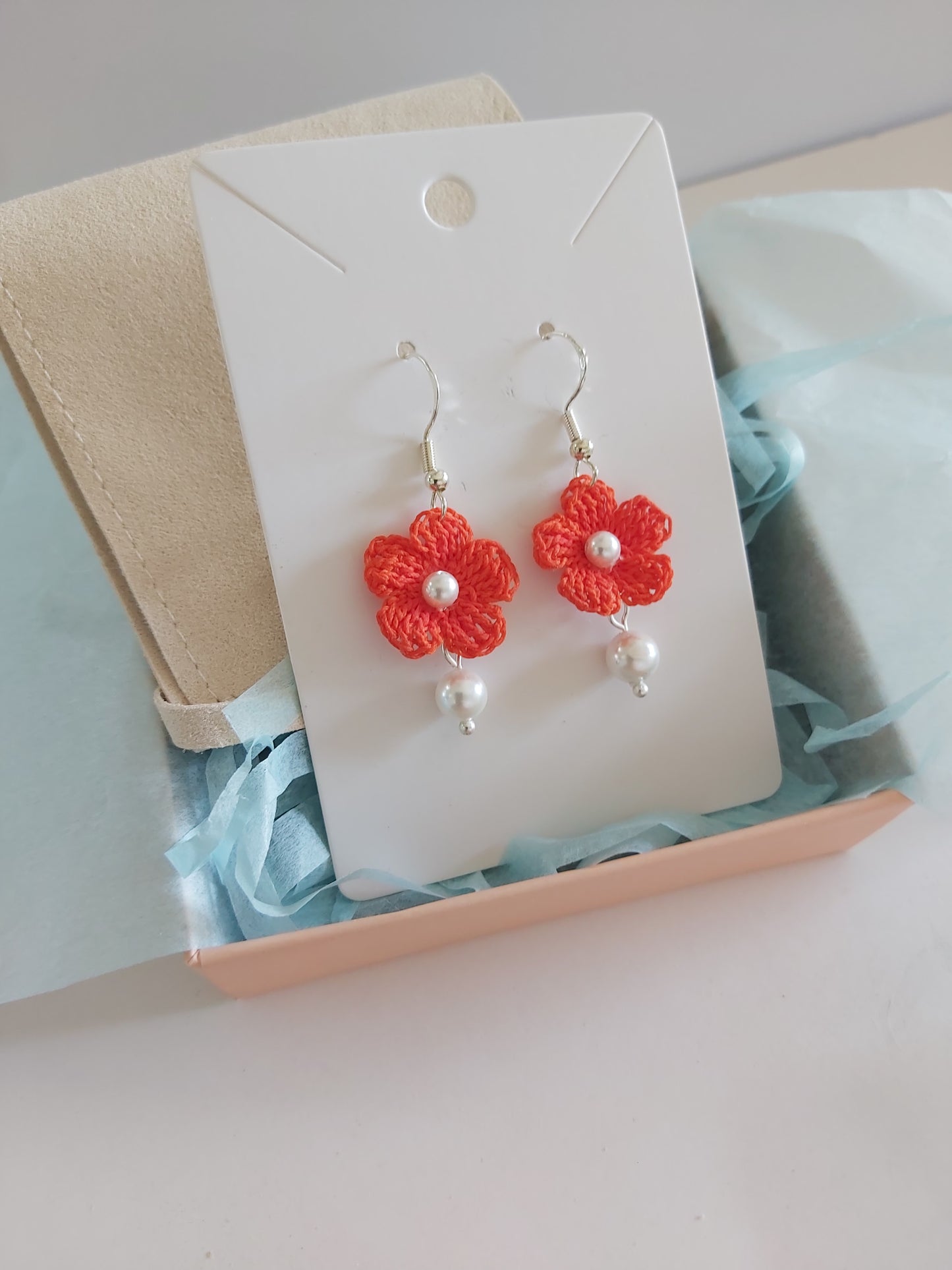 "Sunrise Glow” Bright Orange Crochet Earrings with Natural Pearls