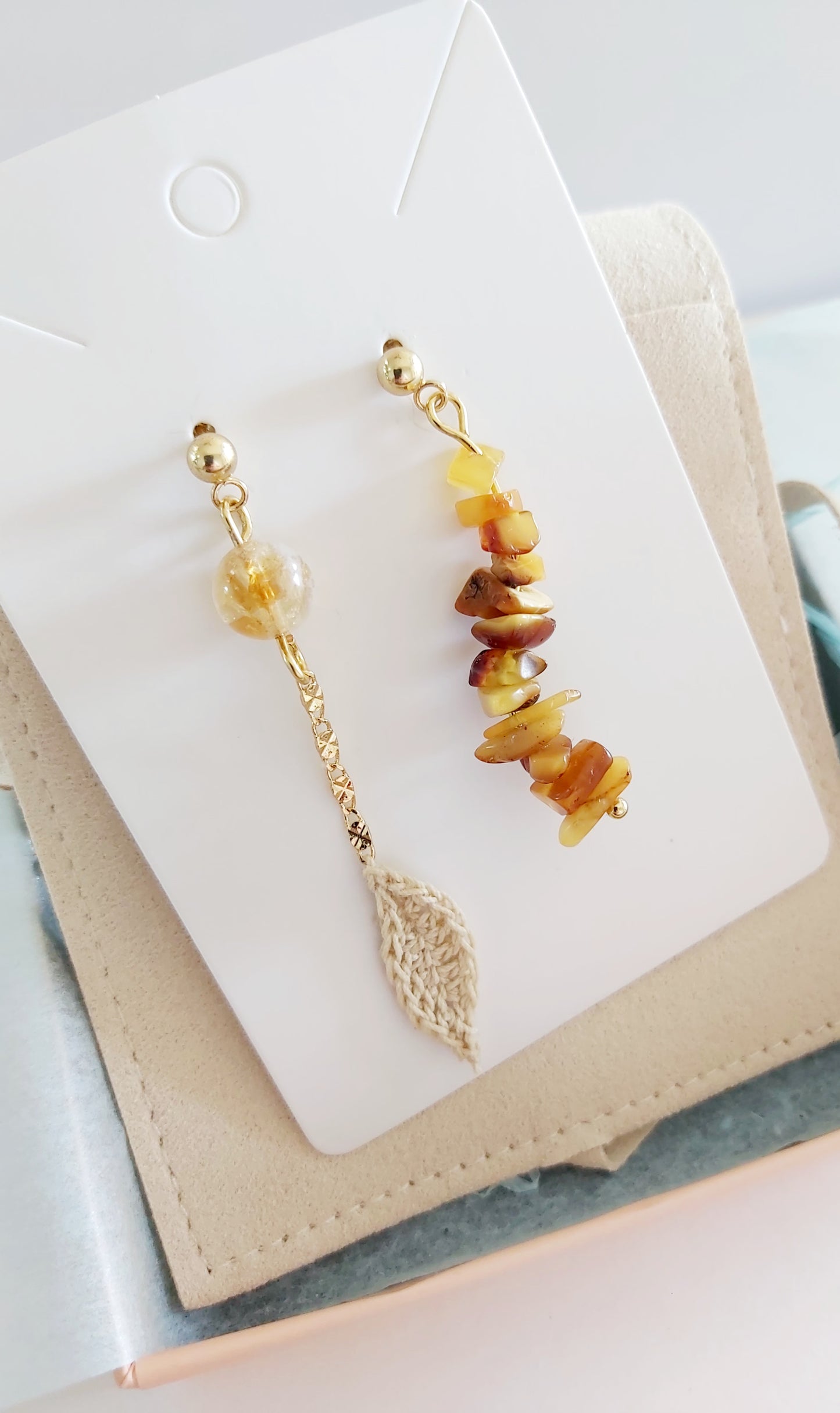 “Amber Moonlight” Asymmetric Earrings – Crochet Leaf with Citrine & Raw Amber