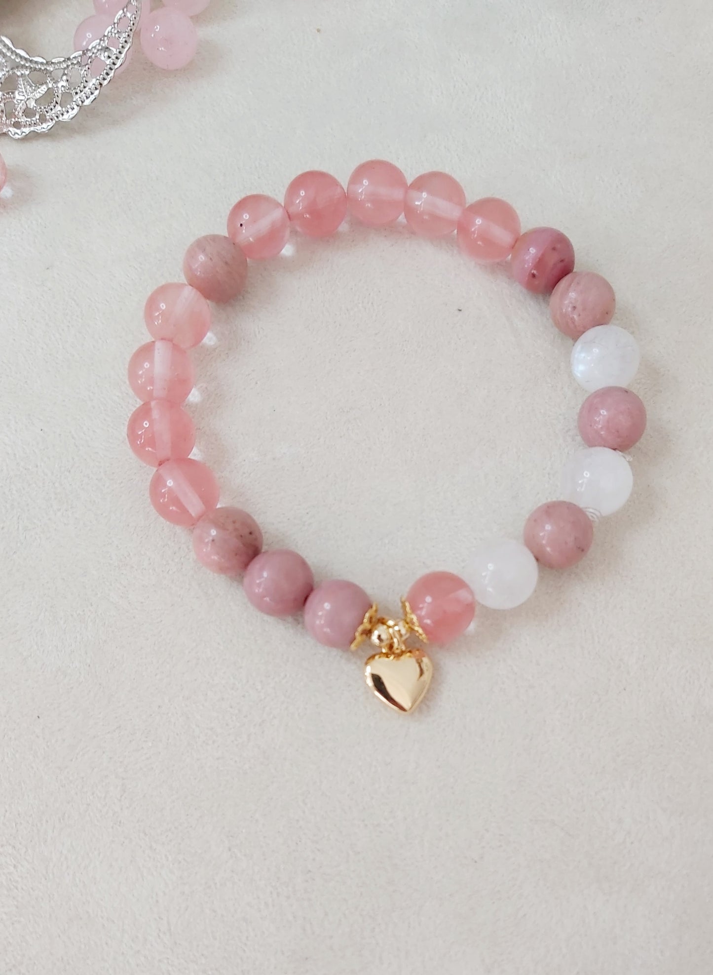 Lunar Love Bracelet – Cherry Quartz, Rhodonite & Moonstone | Love & Harmony Healing Jewelry