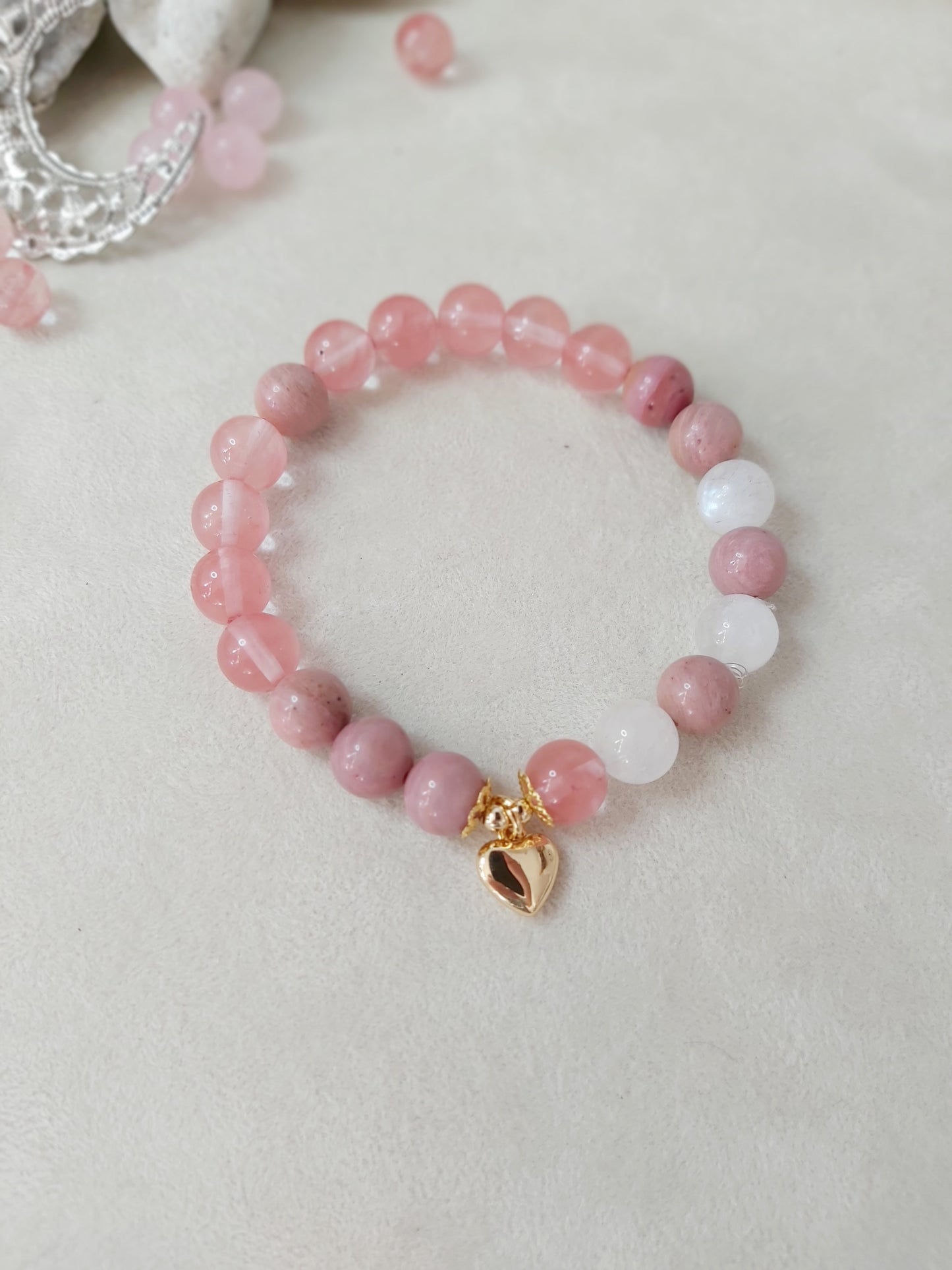 Lunar Love Bracelet – Cherry Quartz, Rhodonite & Moonstone | Love & Harmony Healing Jewelry