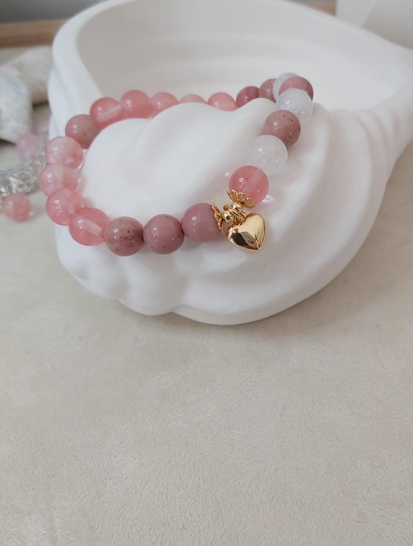 Lunar Love Bracelet – Cherry Quartz, Rhodonite & Moonstone | Love & Harmony Healing Jewelry