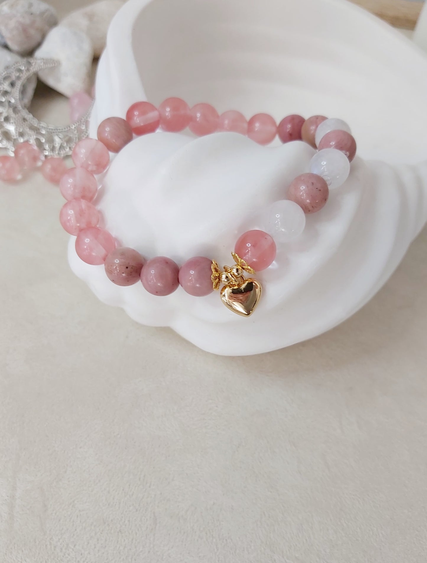 Lunar Love Bracelet – Cherry Quartz, Rhodonite & Moonstone | Love & Harmony Healing Jewelry