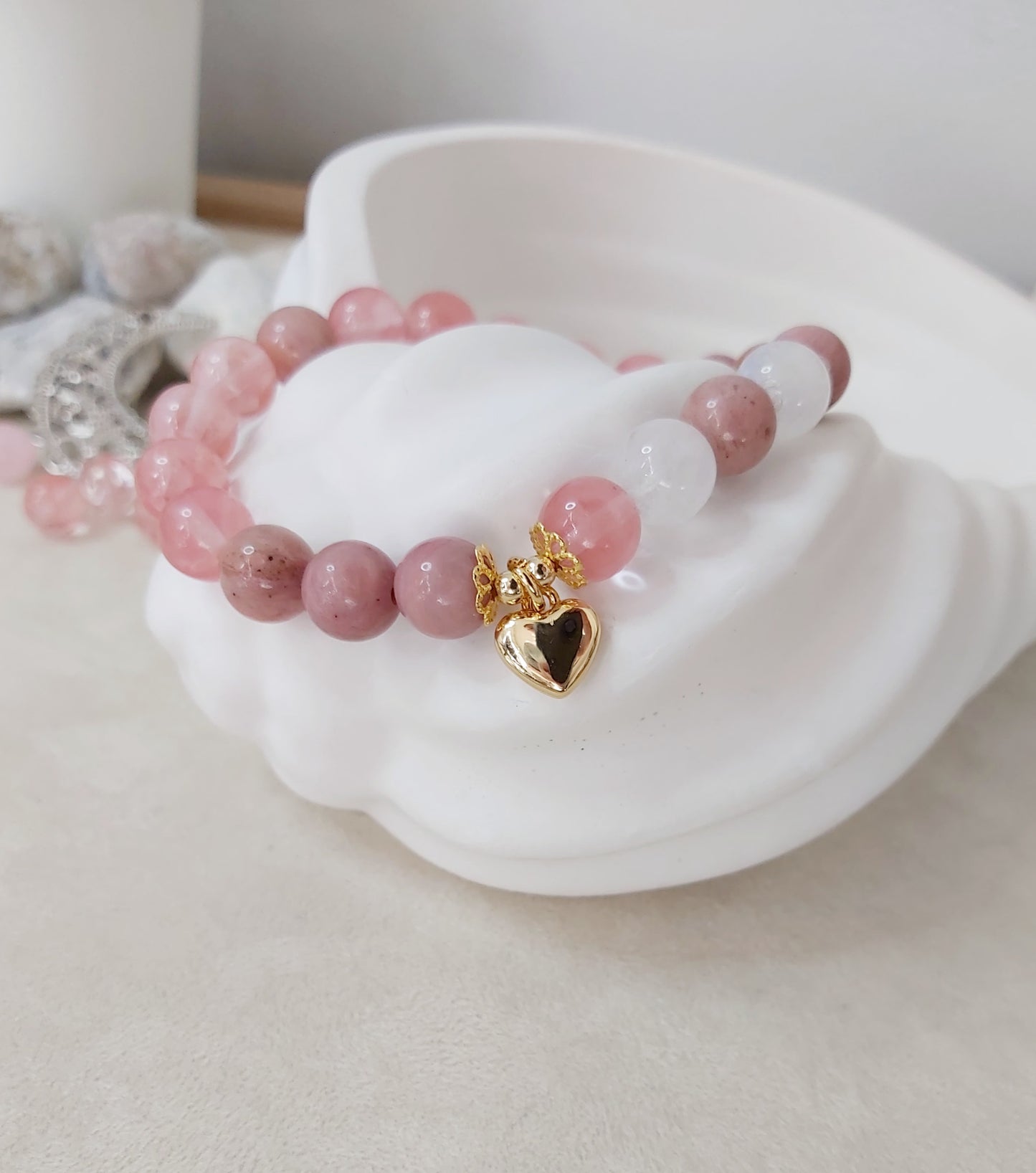 Lunar Love Bracelet – Cherry Quartz, Rhodonite & Moonstone | Love & Harmony Healing Jewelry