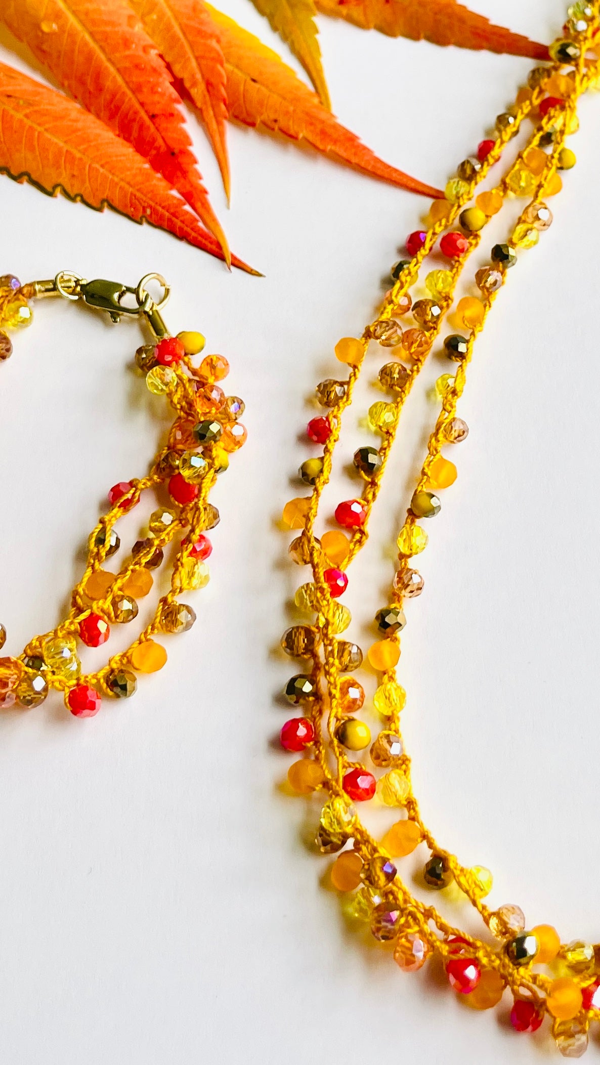 Autumn Necklace "Leaf Fall" – Handmade Crochet Jewelry Set with Bracelet (Customizable)