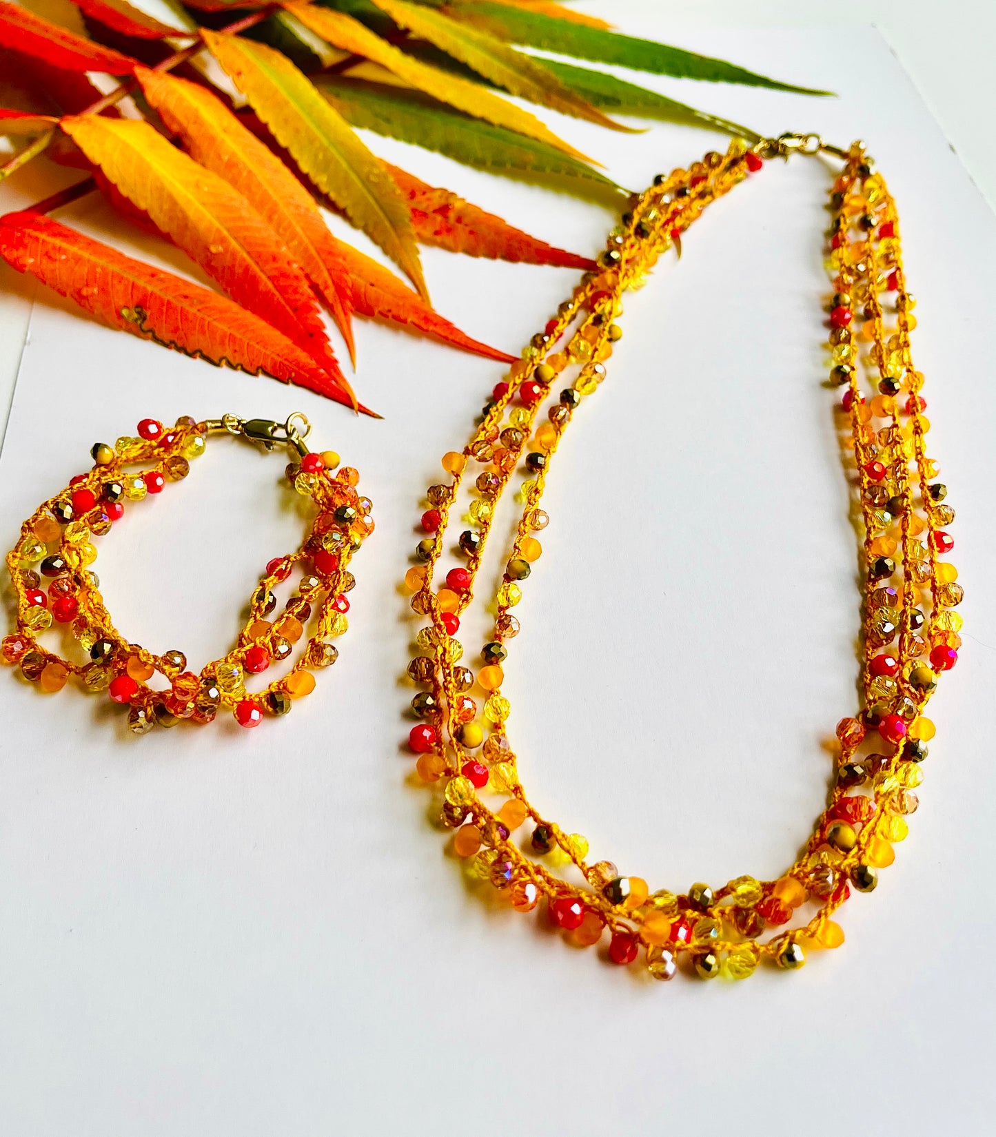 Autumn Necklace "Leaf Fall" – Handmade Crochet Jewelry Set with Bracelet (Customizable)