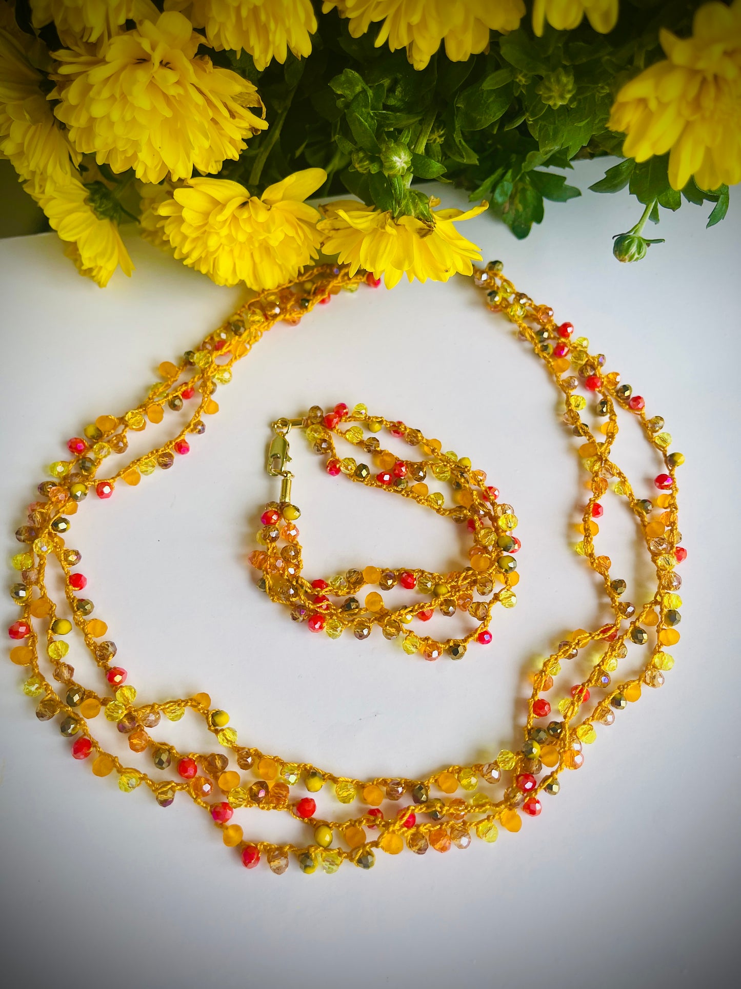 Autumn Necklace "Leaf Fall" – Handmade Crochet Jewelry Set with Bracelet (Customizable)